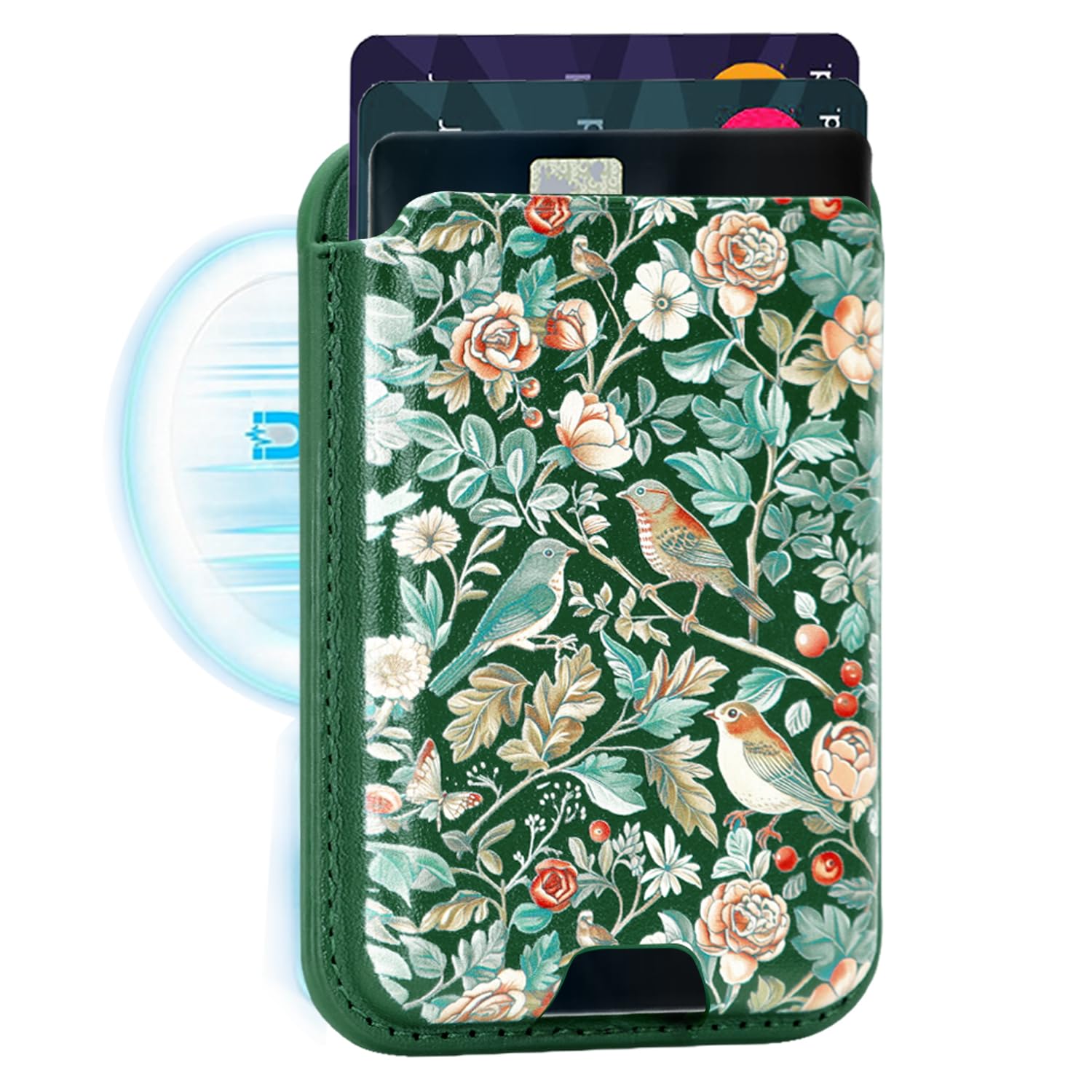 uCOLOR Upgraded Magnetic Cell Phone Wallet Card Holder-Compatible with MagSafe for iPhone 17/16/15/14/13/12 Series, Leather magsafe wallet for Back of Phone (Flowers & Brids)