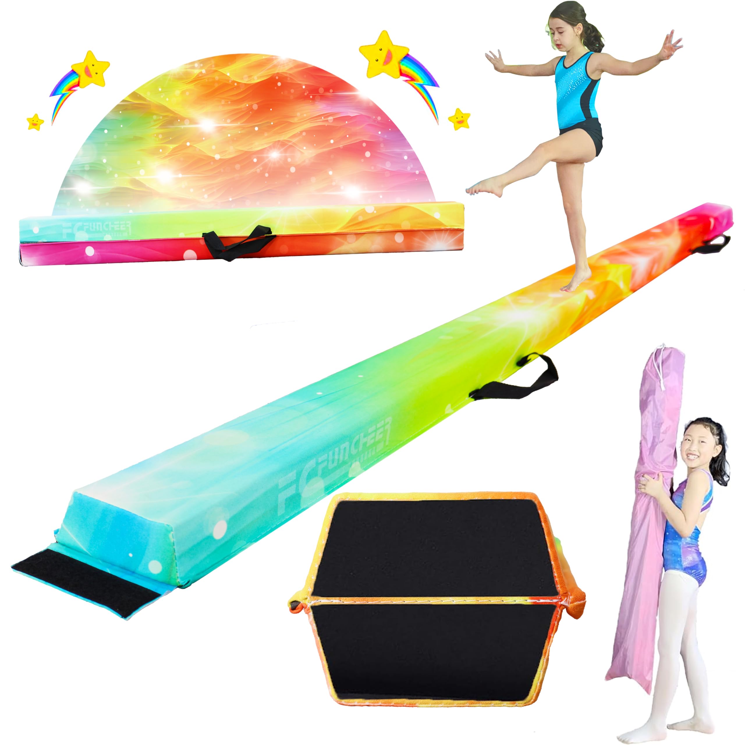FC FUNCHEER 6FT/9FT Folding Balance Beam for Kids- Gymnastics Foam Floor Beam,Anti-Slip Bottom with Carrying Bag, Faux Suede Covered,Gymnastics Equipment for Home (Faux Suede, Starlight Rainbow, 9FT) Image