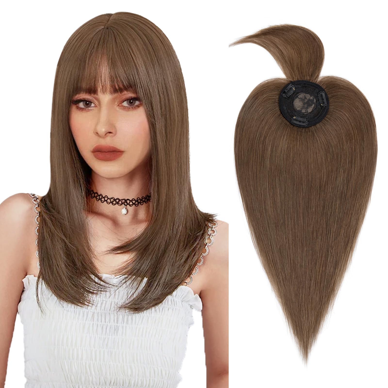 Silk-co 14inch Hair Toppers Human Hair with Bangs Hair Mono Base Top Piece for Women Clip in Real Remy Hair Extensions （#4 Medium Brown）