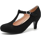 Eugisy Women's T-Strap Mary Jane Pumps Low Kitten Heel Closed Round Toe Retro Ankle Strap Buckle Comfortable Vintage Wedding Evening Party Dress Office Work Church Shoes