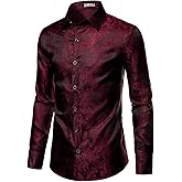 ZEROYAA Men's Paisley Jacquard Slim Fit Long Sleeve Button Up Dress Shirt for Party Prom