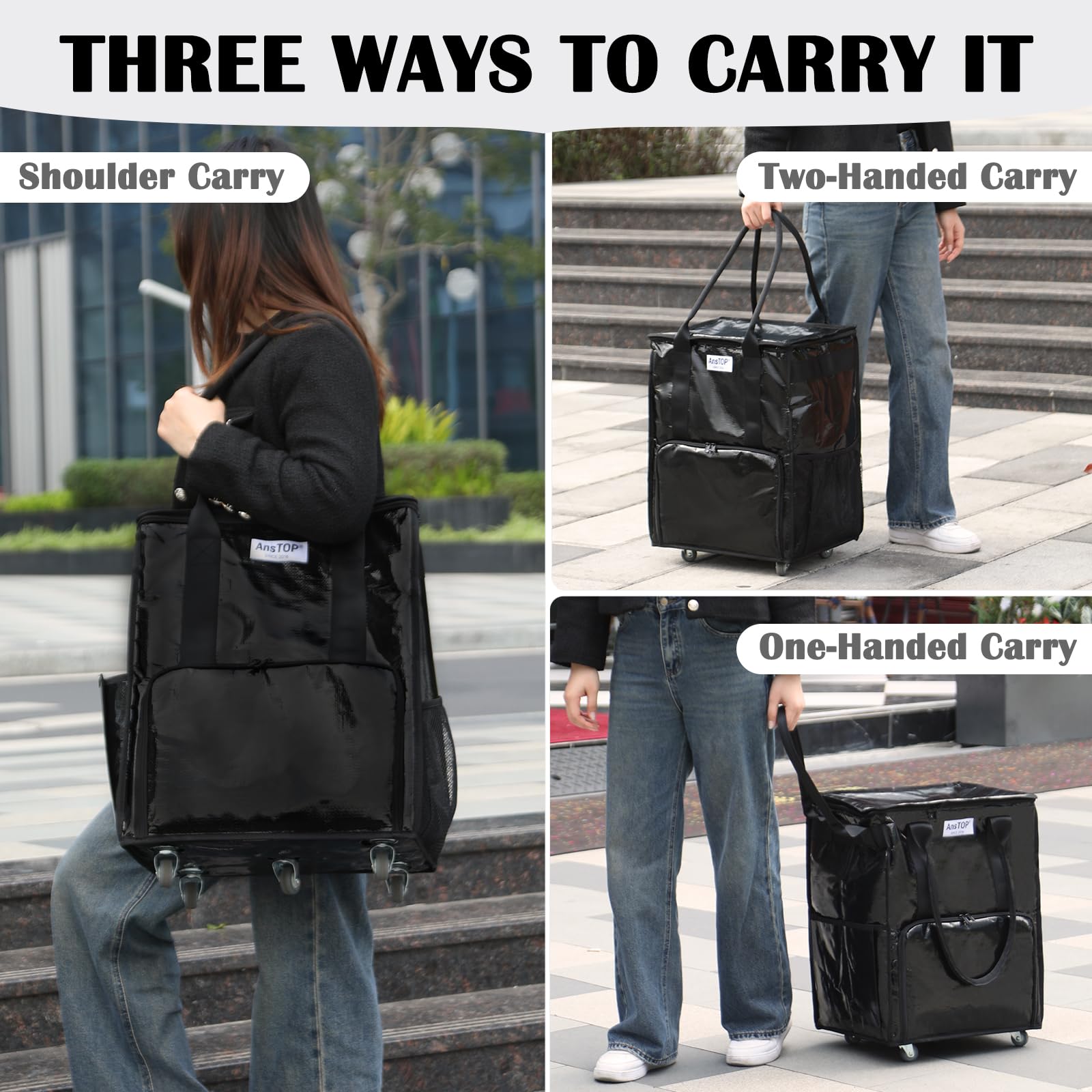 AnsTOP Reusable Grocery Bag on Wheels, 66LBS Foldable Shopping Cart with 5 Smooth Caster Wheels Zippered Top, Rolling Tote with Multiple Pockets for Groceries, Laundry, Travel, Camping,Medium,Black