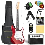 STRICH Electric Guitar Beginner Kit, Solid Body 39" Full Size Electric Guitar SSS Pick Up for Starter, with 5W x 2 Amp, Bag, Digital Tuner, Capo, Strap, String, Cable, Picks, SST-S10 Metal Red