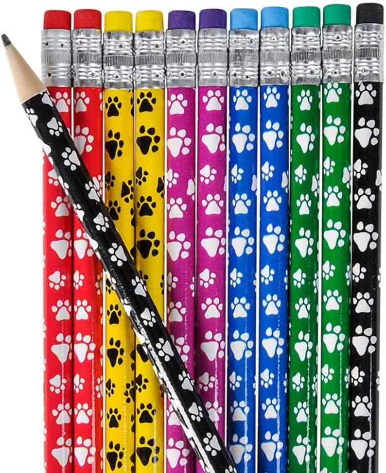 ArtCreativity Paw Print Pencils for Kids - Set of 12 - Wooden Writing Pencils in Assorted Colors with Erasers, Animal Theme and Dog Birthday Party Favors, Teacher Supplies for Classroom: Office Products