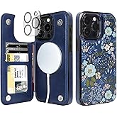 uCOLOR for iPhone 15 Pro Max 6.7" Wallet Case Magsafe with Card Holder Slot【Compatible with MagSafe】 Folio Flip PU Leather Double Magnetic RFID Design (Navy Blue Flowers)