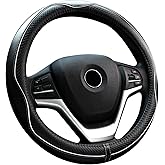Valleycomfy Steering Wheel Covers Universal 15 inch - Genuine Leather, Breathable, Anti Slip & Odor Free (White Line, M(14" 1/2-15" 1/4))