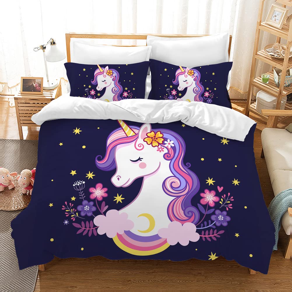 PQCXXA Unicorn Duvet Cover for Girls Boys Rainbow Kids Bedding set with 2 Pillowcases Pink Flower Quilt Cover with Zipper, Ultra Soft Polyester Microfiber Duvet Cover (Purple, Double)