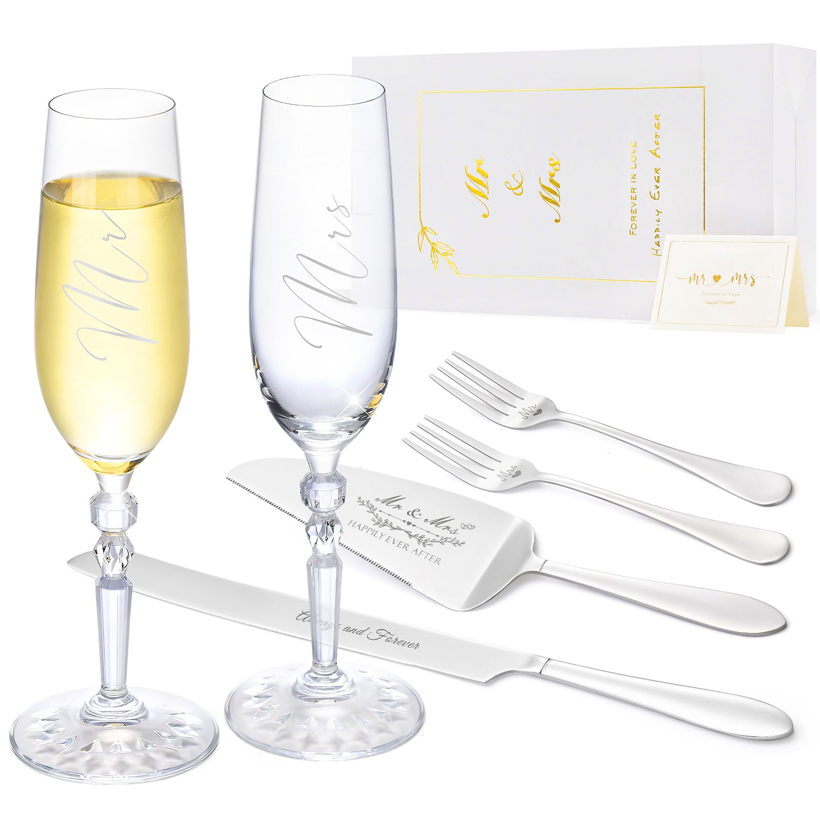 Photo 1 of Wedding Cake Knife and Server Set with Forks, Classical Style Crystal Champagne Flutes Toasting Glasses for Bride and Groom, Wedding Gifts for Couples, Engagement and Bridal Shower Gifts