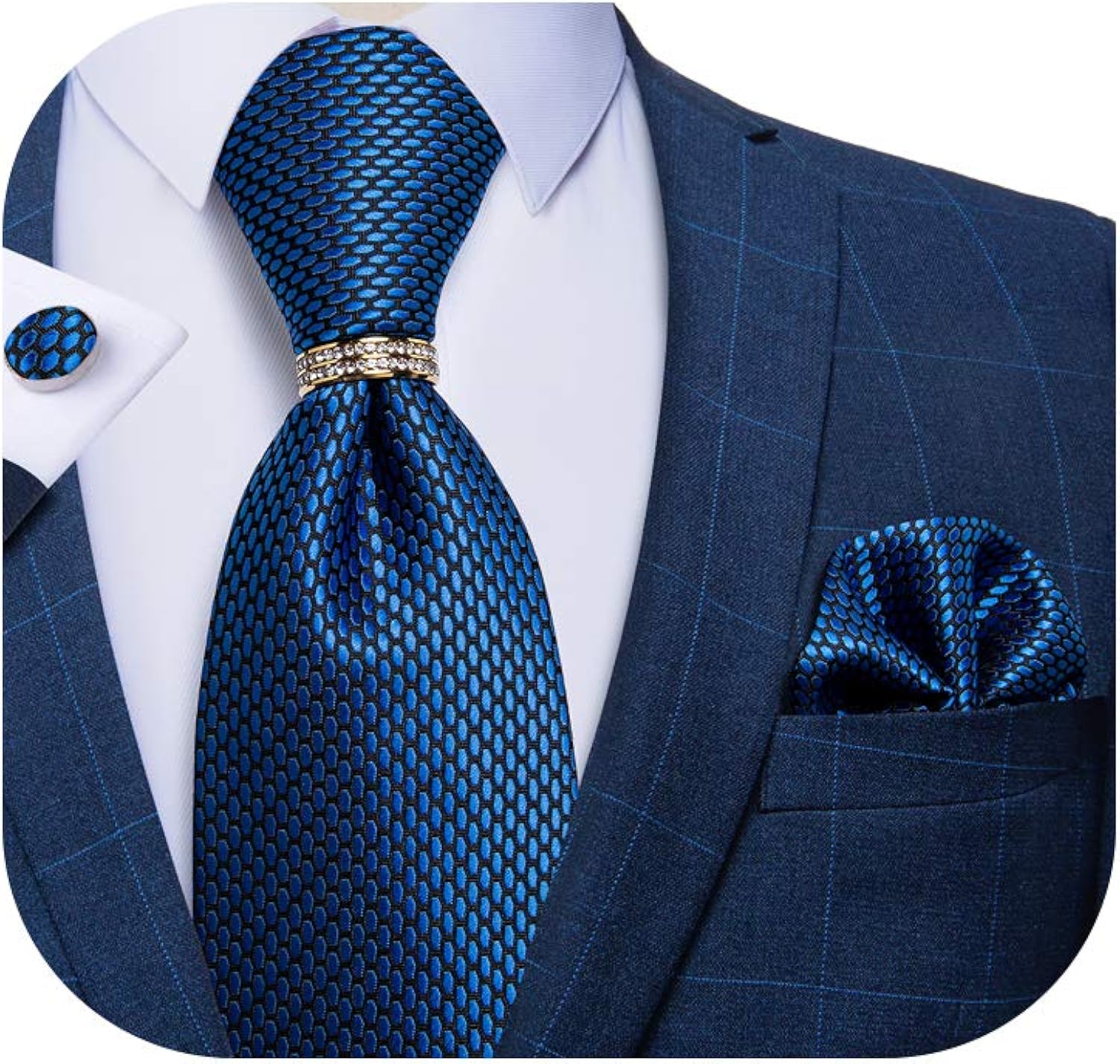 DiBanGu Mens Formal Solid Tie and Gold Tie Ring Set Silk Pocket Square