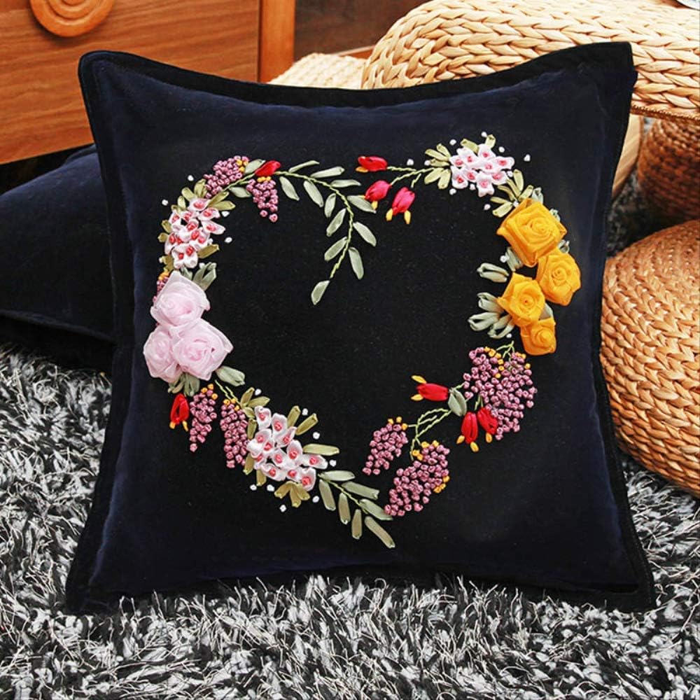 DIY Ribbons Embroidery Cushion for Beginner Needlework Kits Cross Stitch Colorful Flowers Pillowcase Home Decor Meet Sets 45 x 45cm Unfinished