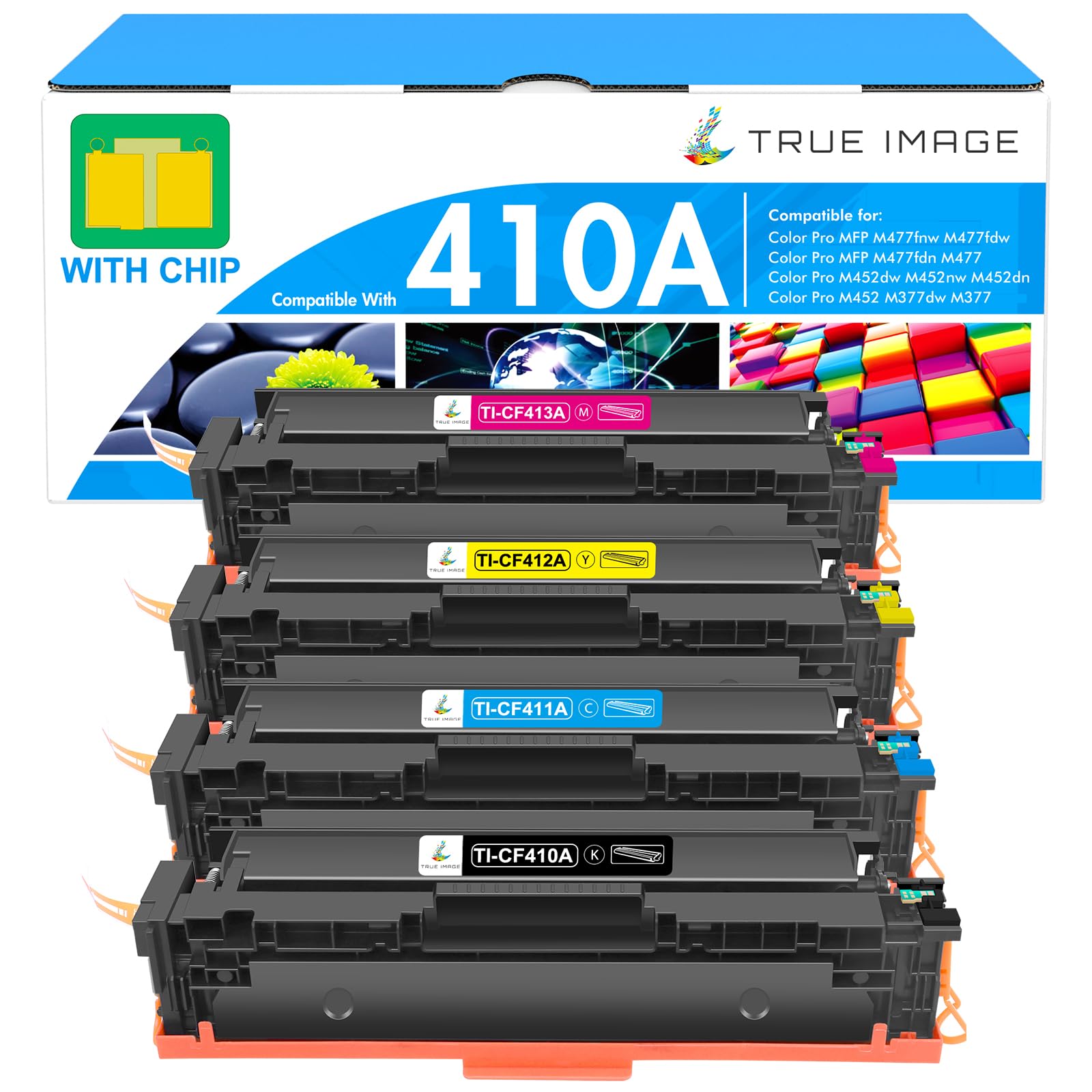 TRUE IMAGE 4 Pack Toner Cartridge Replacement for HP 410A CF410A 410X CF410X Laserjet Pro MFP M477fdw M477fdn M377dw M452nw M452dn M477fnw (Black, Cyan, Yellow, Magenta)