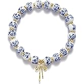 Blue and White Floral Ceramic Beaded Bracelet, Gold Bow Charm Stretch Jewelry, Vintage Chinoiserie Style for Women (Gold)
