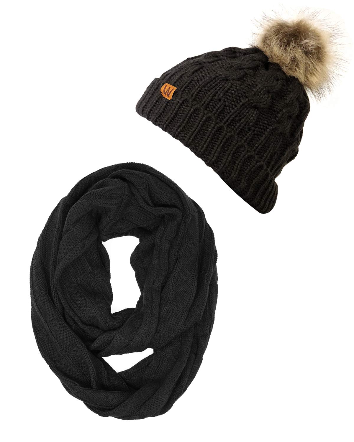 Wrapables Winter Warm Cable Knit Infinity Scarf and Faux Fur Pom Pom Beanie Set Wrapables Winter Warm Cable Knit Infinity Scarf and Faux Fur Pom Pom Beanie Set