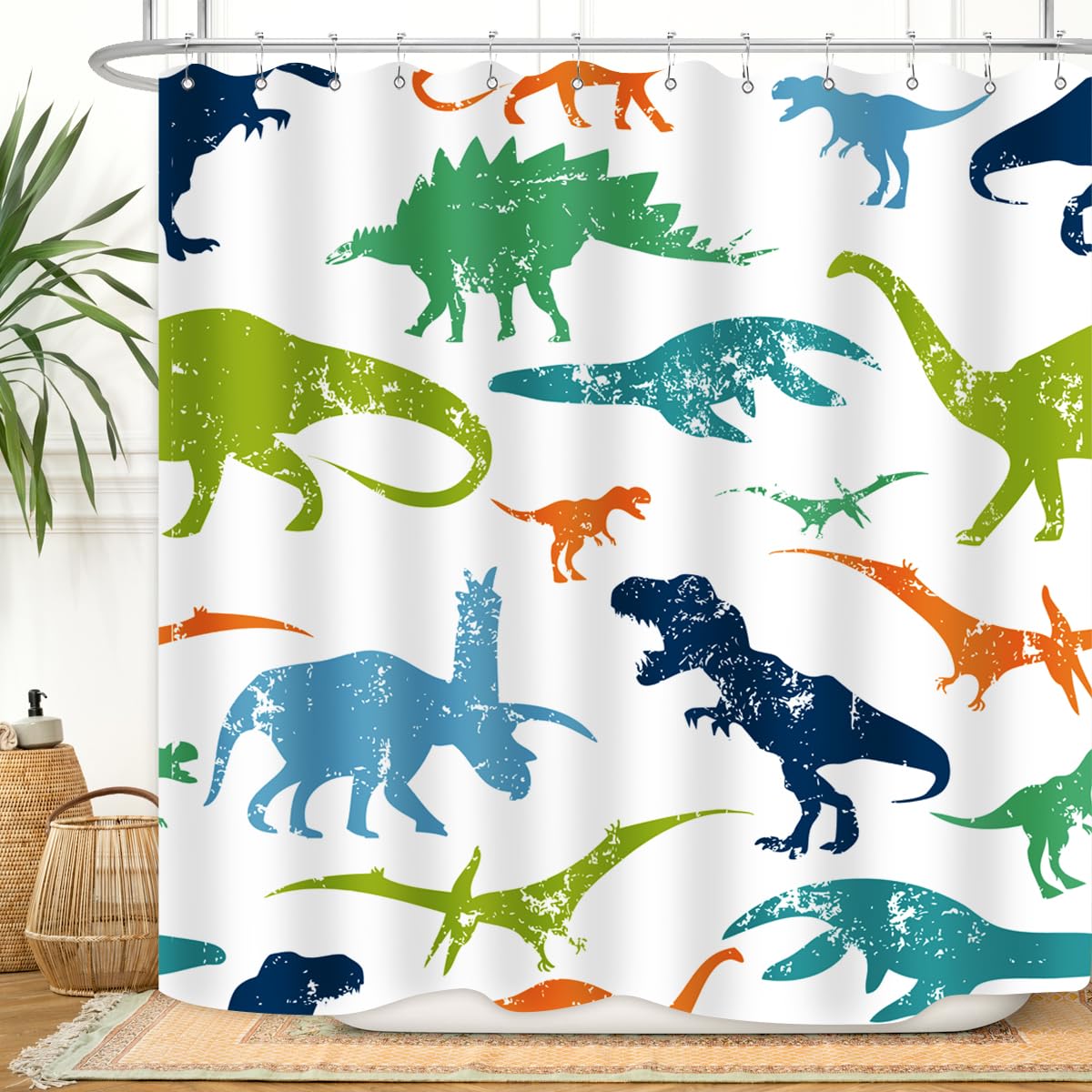 Dinosaur Shower Curtain Colorful Kid Cartoon Jurassic Children Dino Elasmosaurs Themed Bath Curtain Waterproof Fabric Bathroom Decor 72x72 Inch Plastic Hooks 12 PCS