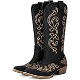 HISEA Rollda Cowboy Boots for Women Western Cowgirl Boots with Chunky Heel Ladies Snip Toe Mid-Calf Boots