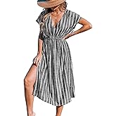 CUPSHE Women Beach Cover Up V Neck Short Sleeve Striped Midi Swimsuit Coverup Dress XS-XXL