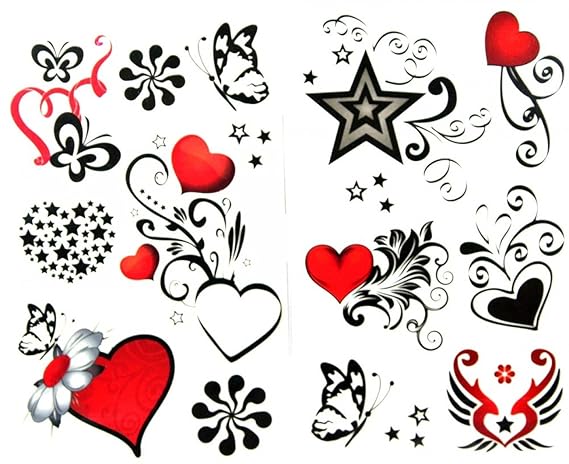 Spestyle Waterproof Non Toxic Temporary Tattoo Stickerslatest New Release 1 Package With 2pcs Waterproof Red Heart Black Butterfly And Star Fake - 