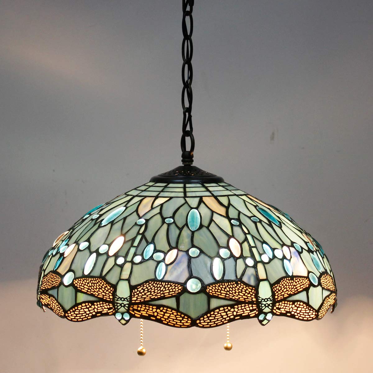 Black Friday Tiffany Hanging Lamp 16 Inch Pull Chain Sea Blue Stained