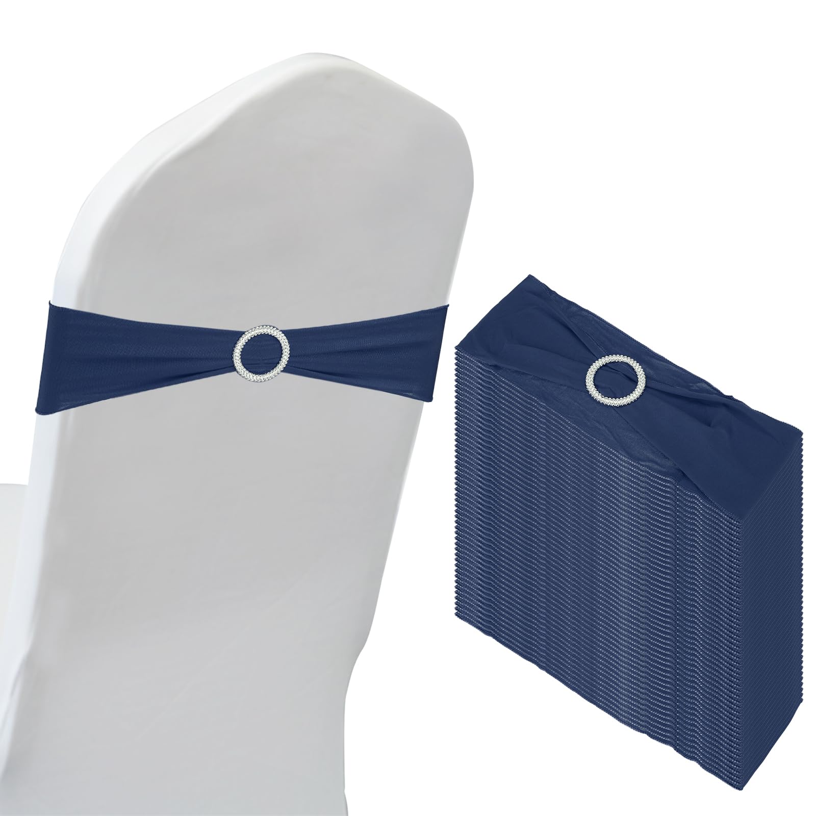 PATIKIL 14"x5" Stretch Chair Sashes Bow, 50 Pack Elastic Chair Bands Sashes with Buckle Slider for Wedding Banquet Decorations, Dark Blue
