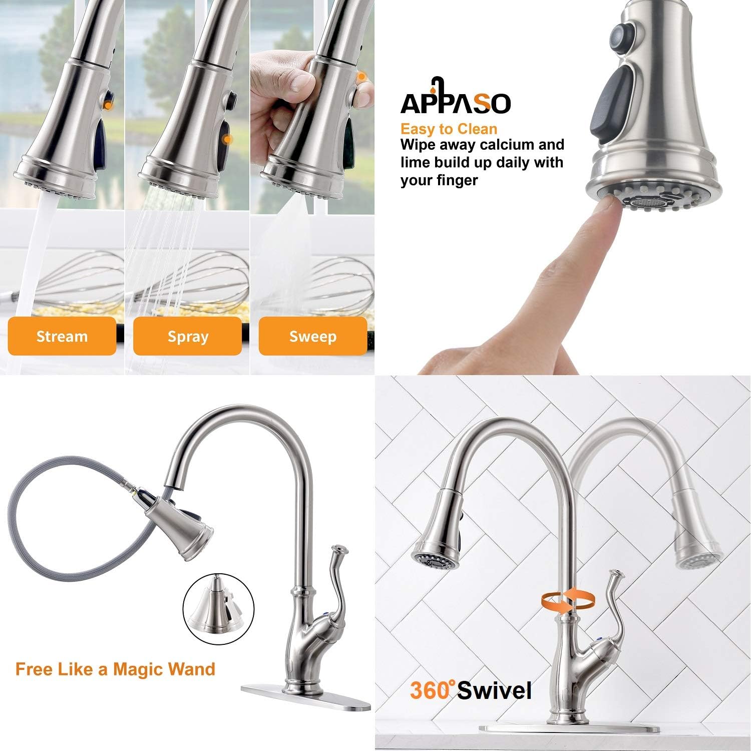 APPASO Pull Down Kitchen Faucet with Magnetic Docking Sprayer Brushed Nickel - Single Handle 1 Hole High Arc Pull Out Kitchen Sink Faucets with Soap Dispenser, 175BN - - 