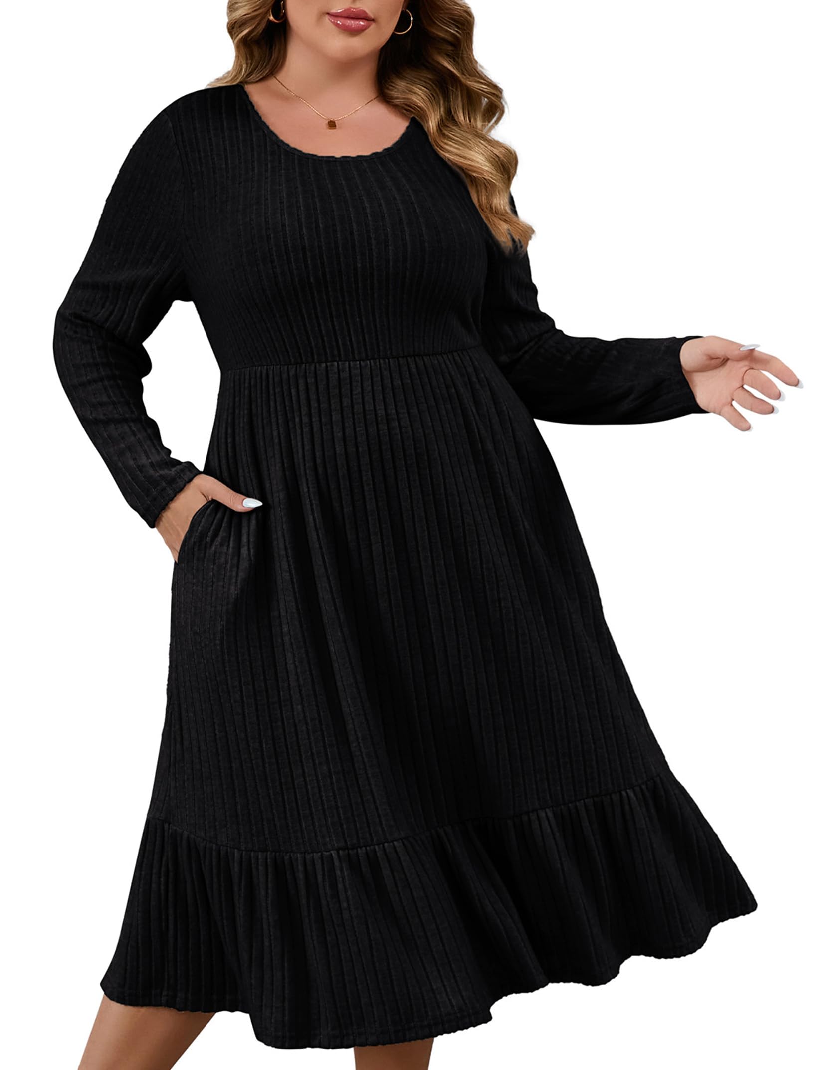 Photo 1 of ShopWonder Womens Plus Size Ribbed Knit Sweater Dress Long Sleeve Stretchy Comfy Casual Fall Dress with Pockets Dark Black 4XL