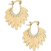 MINACHI Bohemian Gold Plated Stainless Steel Feather Hoop Earrings, Boho Chic Leaf Dangle Earrings, Jewelry Gift for Women