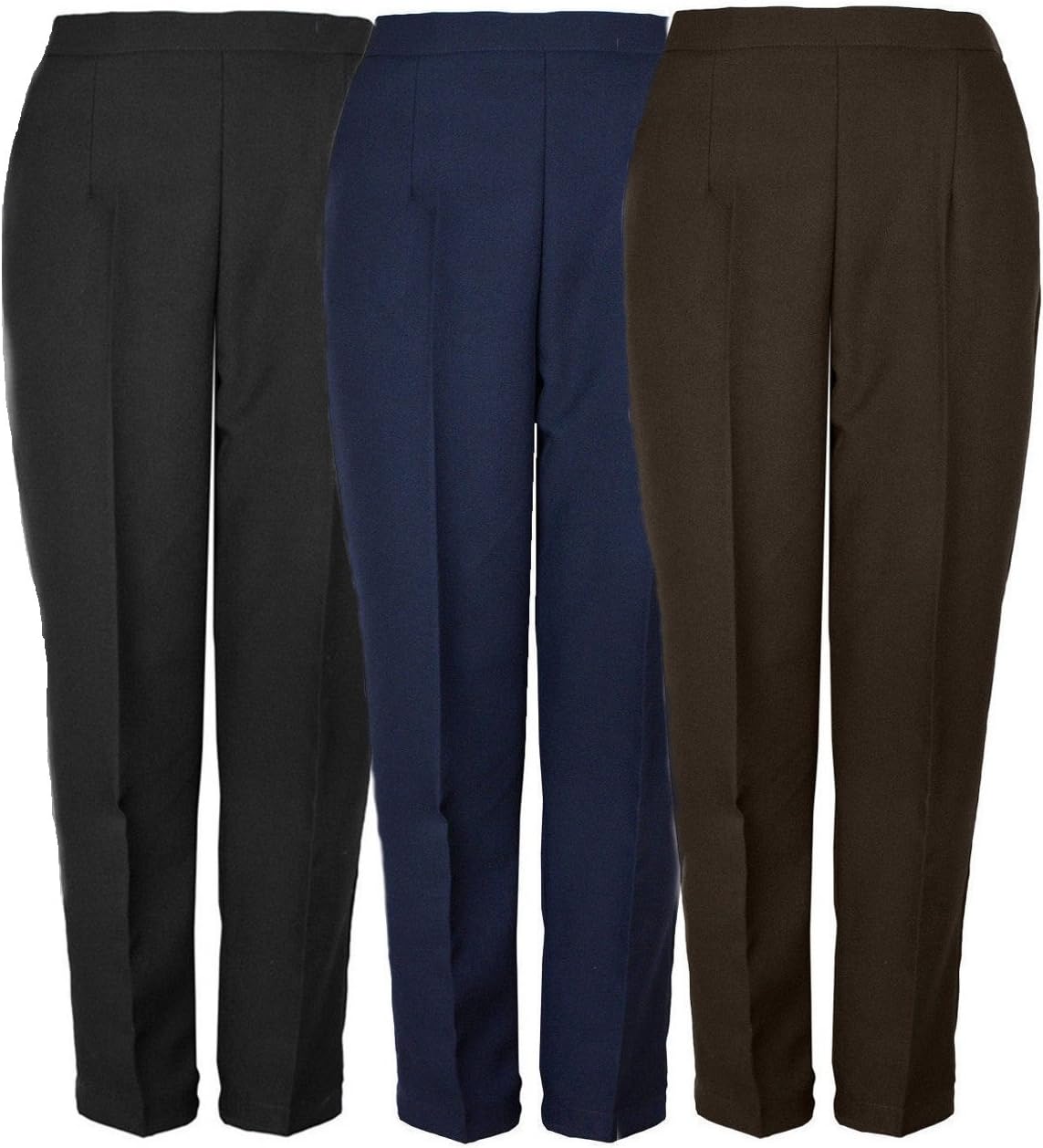 ClothingLogic Ladies Plain Trousers Bi Stretch Pants Smart Executive Look Casual Work Short (25") & Regular (27") Black Navy Brown UK 10-22