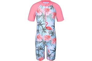 TFJH E Short Sleeve Girls Swimsuits UV 50+ One Pieces Bathing Suits Zipper 2-14Y