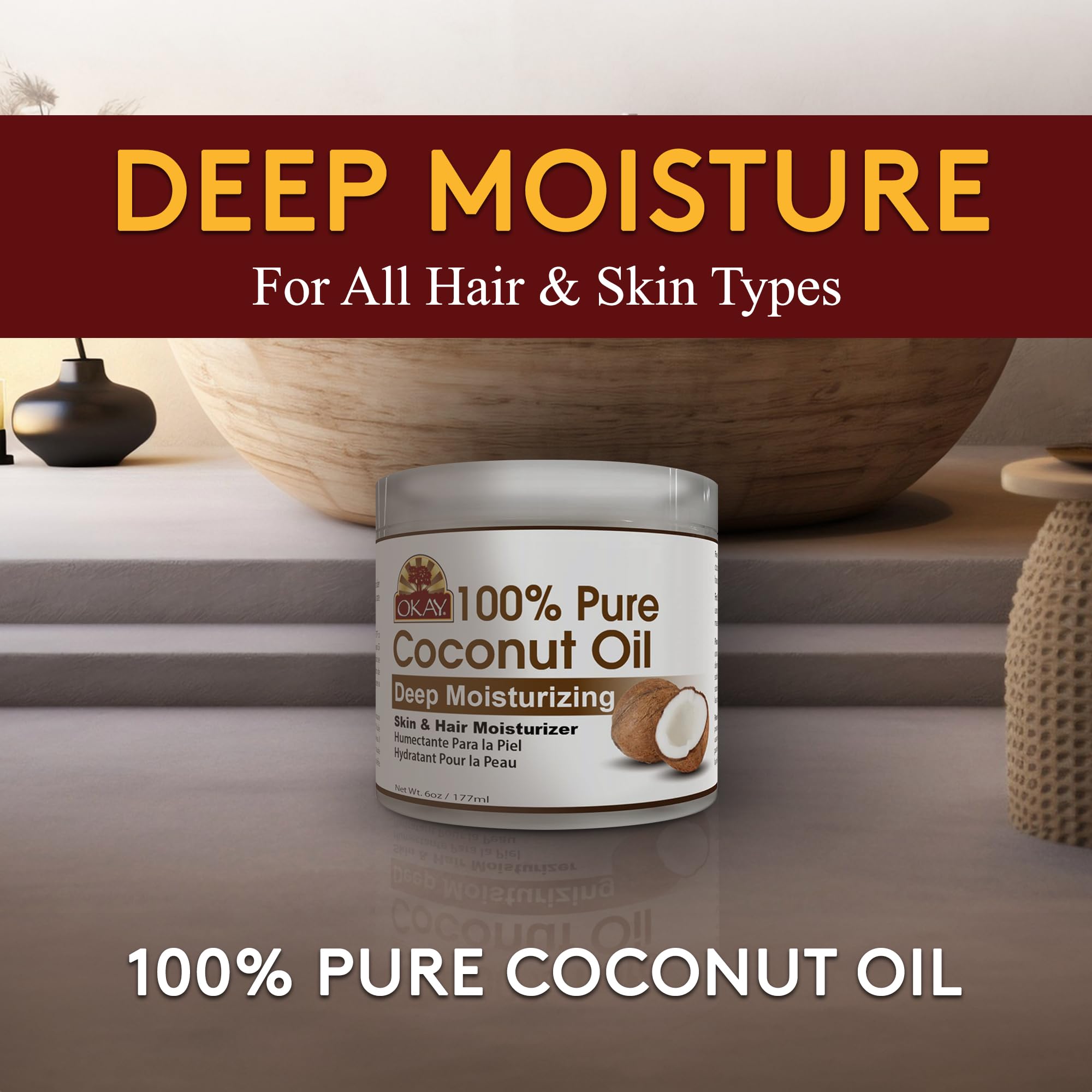 Okay 100% Pure Coconut Oil for Hair & Skin - Coconut Oil for Women & Men, Perfect for Hair & body, Natural Massage Oil & Moisturizer - 6 fl oz Jar (Pack of 1)