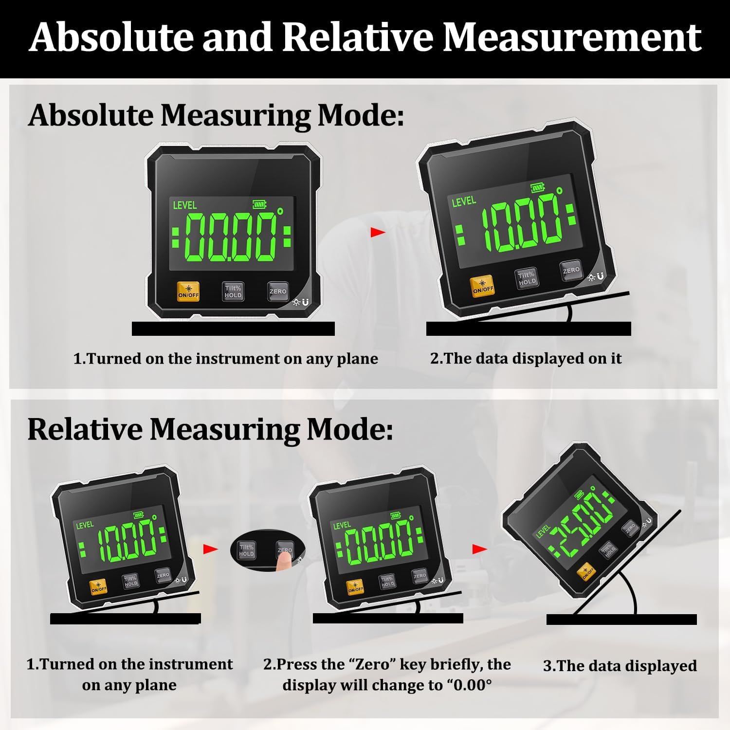 Digitaler Winkelmesser mit Laser, 4-seitig Magnetisch mit LCD Display, Type-C Schnittstelle IP54 Wasserdicht, ±0,2° Präzision Inklinometer für BAU, Maschinen, DIY Arbeiten 5