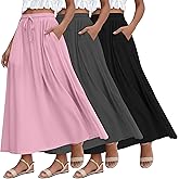 Ficerd 3 Pack Women's Maxi Long Skirts, Ankle Length a Line Elastic High Waist Summer Casual Drawstring Skirts with Pockets