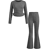 Floerns Girl's Two Piece Outfit Bowknot Knit Tee Shirt with Flare Leg Pants Set