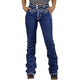 Flamingals Straight Leg Mid Waist Wash Chevron Stitch Dual Button Jeans for Women Trendy Stretch Denim Pants