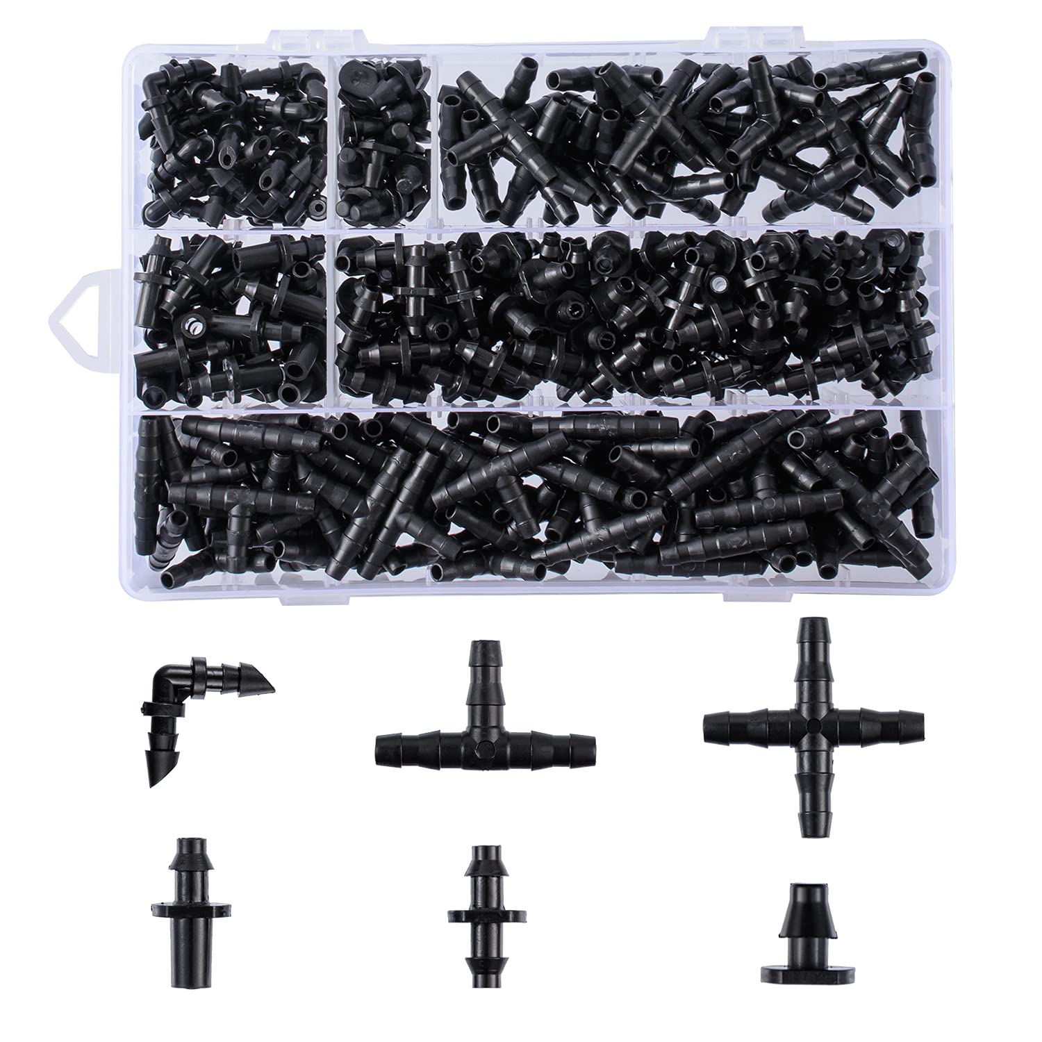 Photo 1 of 280 Pcs Barbed Connectors Irrigation Fittings Kit,Drip Irrigation Barbed Connectors 1/4''Tubing Fittings Kit for Flower Pot Garden Lawn(Straight Barbs,Single Barbs,Tees,Elbows,End Plug,4-Way Coupling)