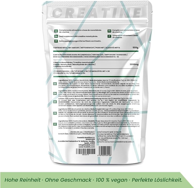 Creatin Pulver 500 g – 100% Kreatin Monohydrat, mikronisiert – Ohne Zusätze – Gut löslich & geschmacklos – Mit Dosierlöffel - Vorrat für 166 Portionen