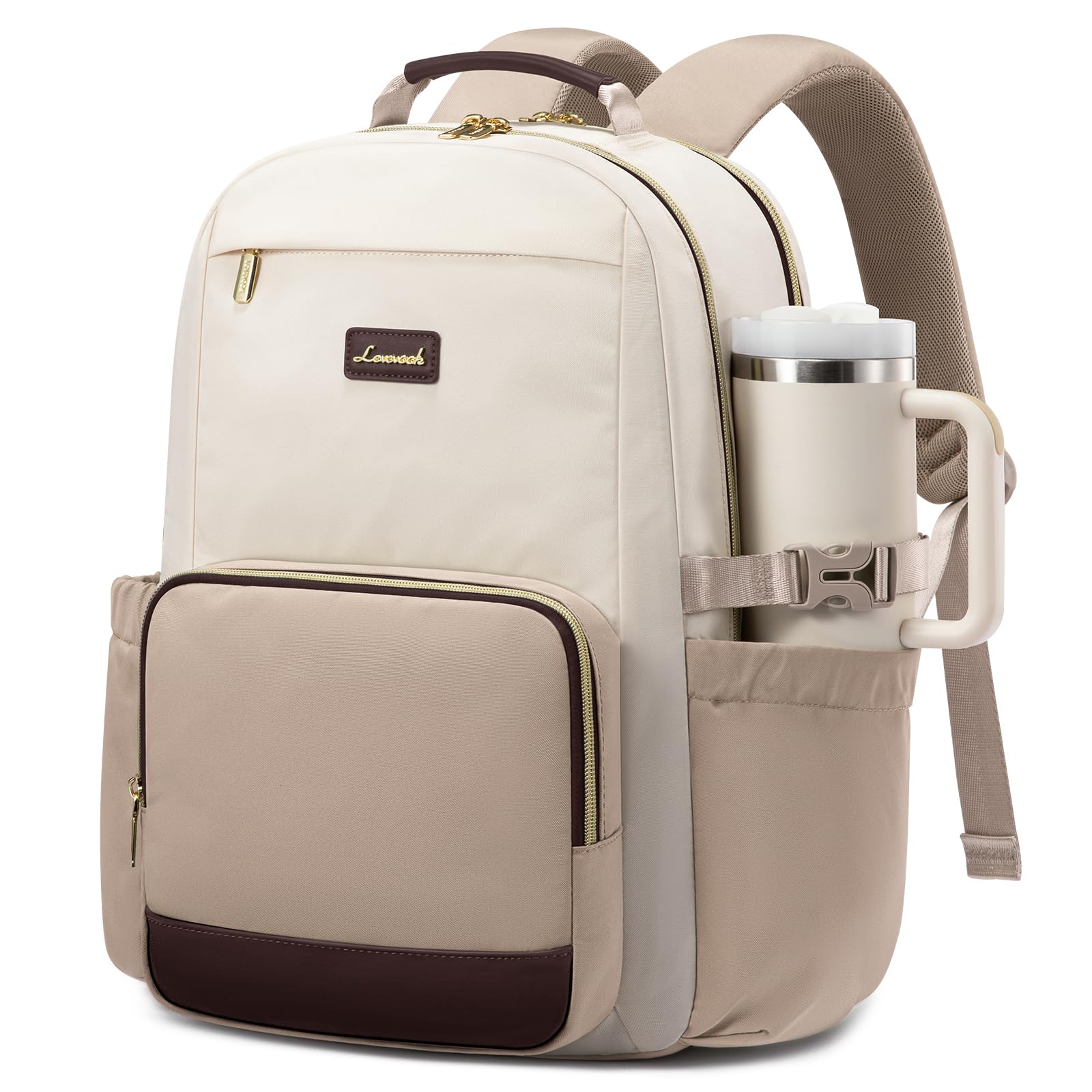 Photo 1 of LOVEVOOK Laptop Backpack for Women with Pouch Pocket for Large Capacity Cup,15.6 Inch Laptop Computer Bag Travel Backpack Purse,Waterproof Work Business College Teacher Backpack,Beige-Nude-Logam Plum
