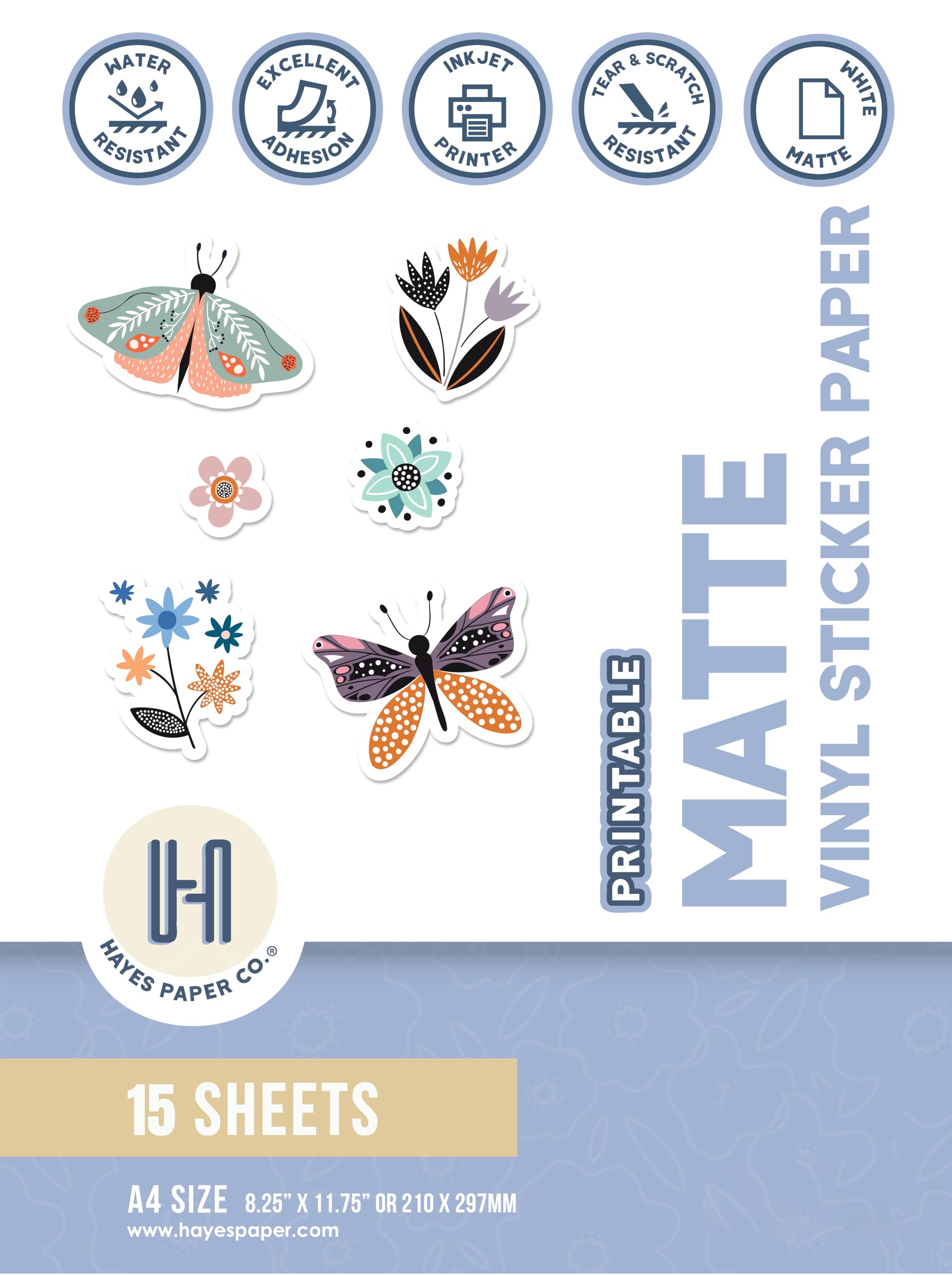 Hayes Paper Co. Printable Vinyl Sticker Paper for Printer - A4 Sticker Sheets for Printing - Matte Sticker Paper, Waterproof Inkjet Printing Paper in Matte White (15 Sheets)