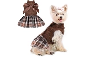 DAFUEN Dog Dress Sweater Puppy Dresses for Small Dogs Girl Fall Winter Warm Pet Clothes Outfit Apparel Cold Weather Doggy Skirt Cute Bowknot Doggie Skirt Coats Chihuahua Yorkie Tiny Cats (Small, Brown 1)