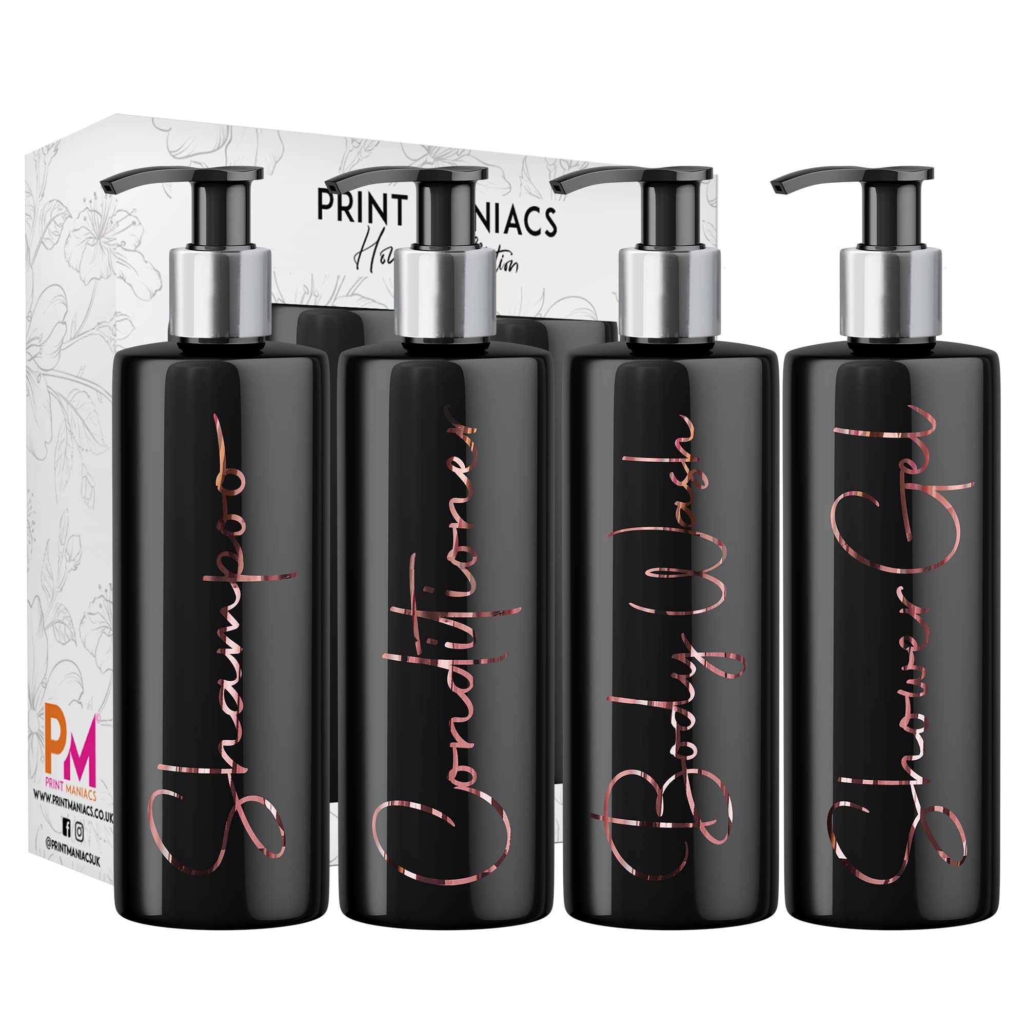 Print Maniacs Mrs Hinch Inspired Black Personalised Dispenser Silver Pump Bottles Shower Gel Set (ROSE GOLD, F2)