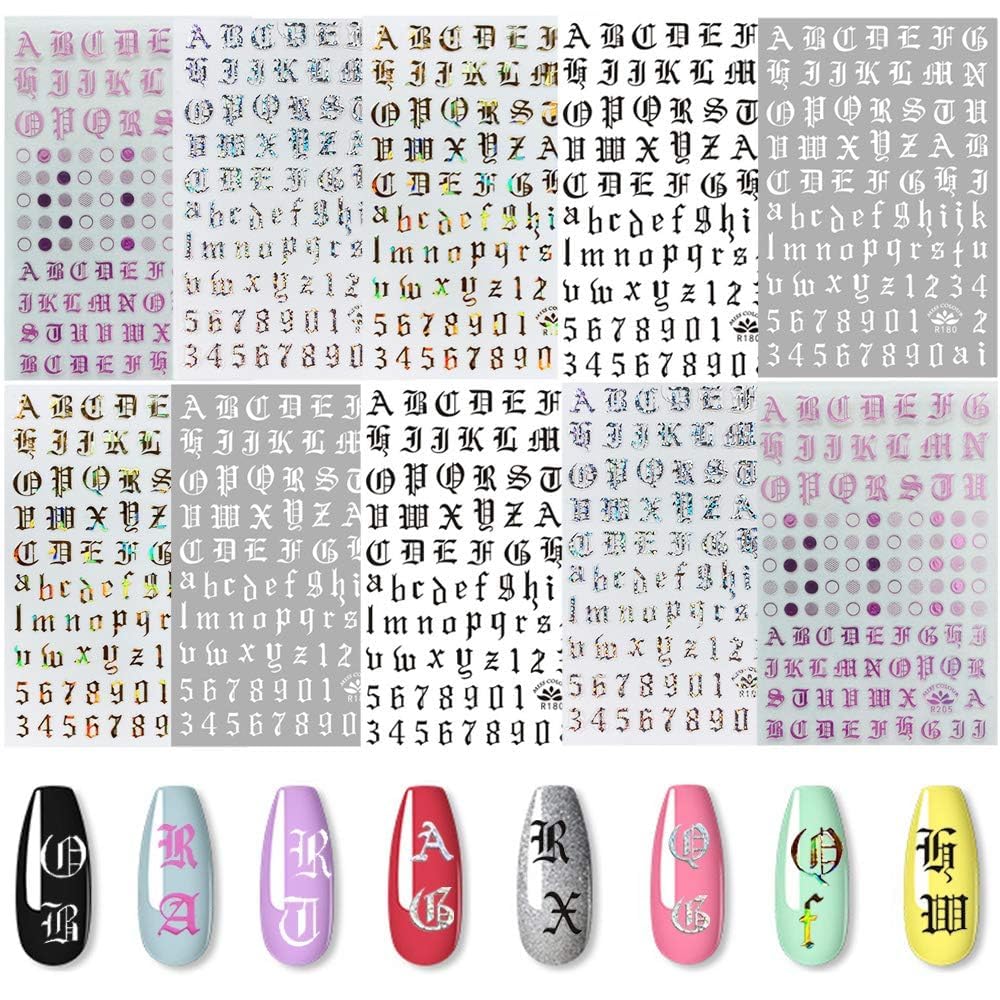 Kalolary 10 Sheets Letter Nail Art Stickers, 5 Colors, Old English Words, Alphabet Nail Decals, Women, Girls, Kids, Manicure, DIY or Nail Salon