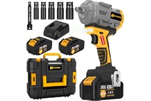 JEXUGK 1000N.m Cordless Impact Wrench, 1/2" 740Ft-lbs High Torque Brushless Impact Gun with 2 x 4.0Ah Batteries Fast Charger, 5 Sockets & 5" Extension Rod, Pistola De Impacto for Car Truck Mower