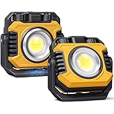 Samyoung 2-Pack Magnetic Rechargeable Work Light, 2400LM Dual-Sided LED Work Light, 4-80H Runtime, Stepless Dimming 2700K-8000K COB Floodlight + 1000LM Spotlight, 360° Rotating Stand & Hook (Yellow)