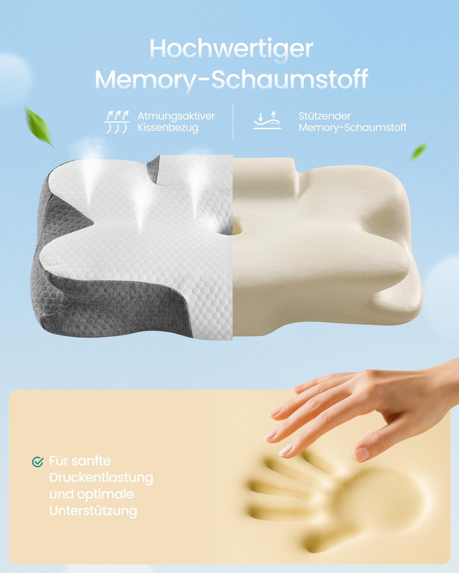 SONGMICS Kopfkissen, Kissen ergonomisch, Nackenkissen, höhenverstellbar, Schlafkissen, Memory Foam Kissen, für Seitenschläfer, Rückenschläfer & Bauchschläfer, wolkenweiß-Taubengrau TBP051GZ02 6