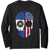 Salvadorian American Flag USA El Salvador Sugar Skull Long Sleeve T-Shirt