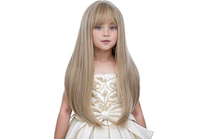 Edivd Girls Mixed Blonde Wig Long Ash Blonde Wig with Air Bangs for Kids Children Straight Wigs Heat Resistant Synthetic Wigs with Cap