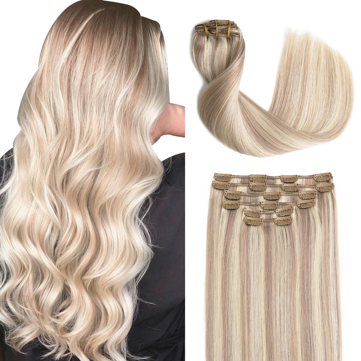 Sindra Hair Extensions Real Human Hair Clip ins 22Inch Highlighted Bleach Blonde Ash Blonde Clip in Hair Extensions Remy For Woman 120G 6Pcs #18p613 22" — image 1