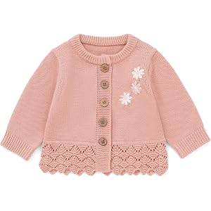 Avibae Baby Toddler Organic Cotton Cardigan, Exquisite Flower Pattern, Long-Sleeve Knit Clothes for Baby Girls