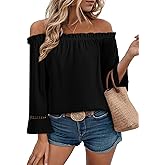 EVALESS Womens Tops Off The Shoulder Blouses for Women Dressy Casual Cute 3/4 Ruffle Sleeves T Shirts Fashion 2026