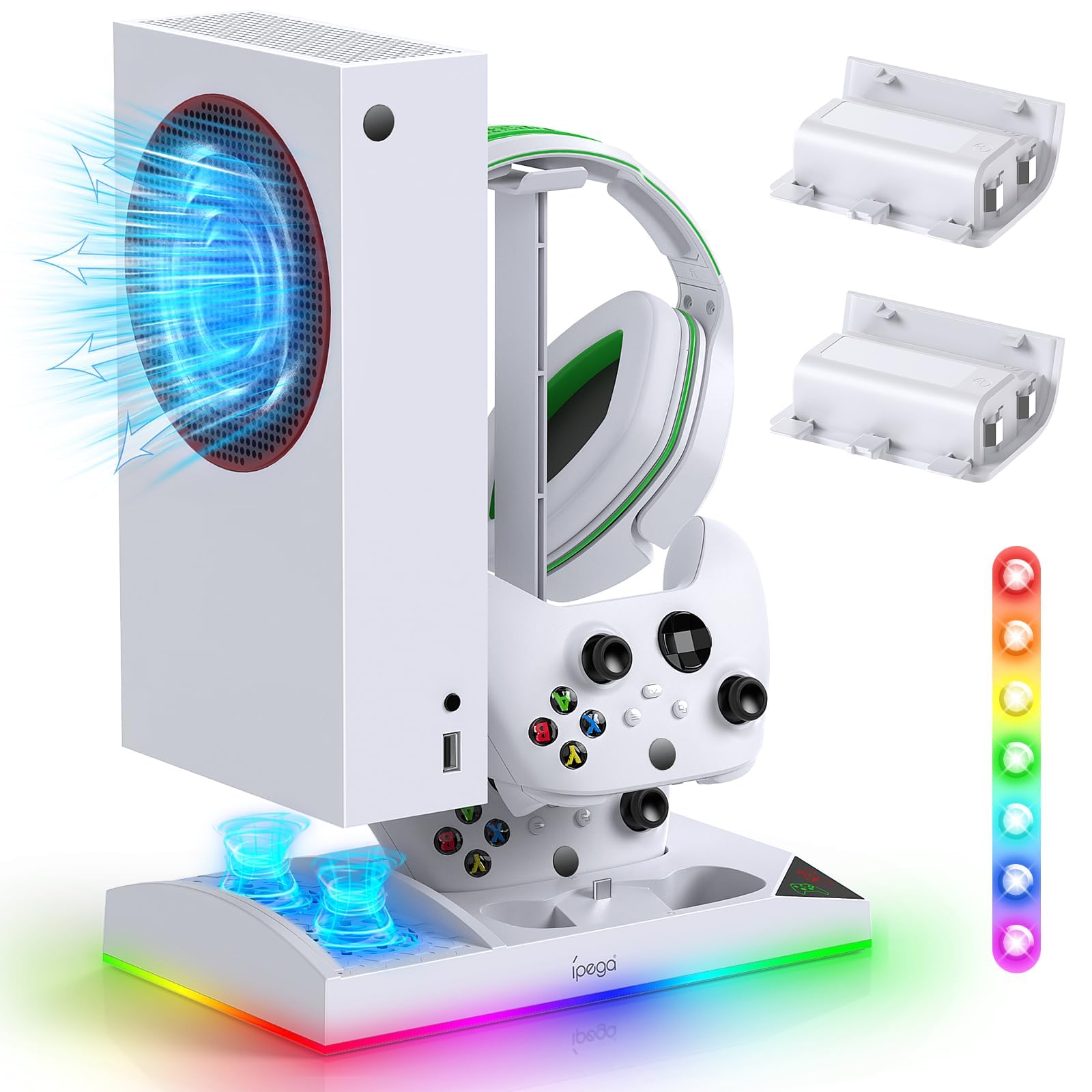 Upgraded RGB Cooling Fan Charging Station for Xbox Series S Console& Controller,Dual Charger Dock Cooler System Stand with 15 Colorful Light Modes Accessories with 2*1400mAH Rechargeable Battery,White