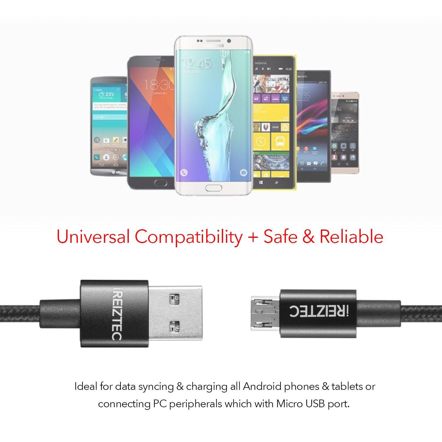 REVERSIBLE Micro USB cable 3.3ft 2-Pack，iREIZTEC Nylon Braided Tangle-Free Durable High Speed Sync + 3.0 Amps Fast Charging Cable for Android, Samsung S8/9 plus N8, HTC, Nokia, Sony and More (Black)